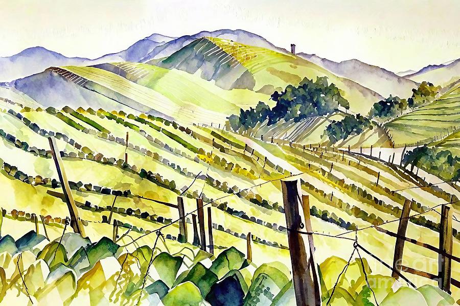 Wine Painting - Light and airy  Vineyards around Durbach Black Forest Painting vineyard domesticated landscape wine airy hills light abstract animals art artistic artwork asia autumn background beautiful colorful by N Akkash