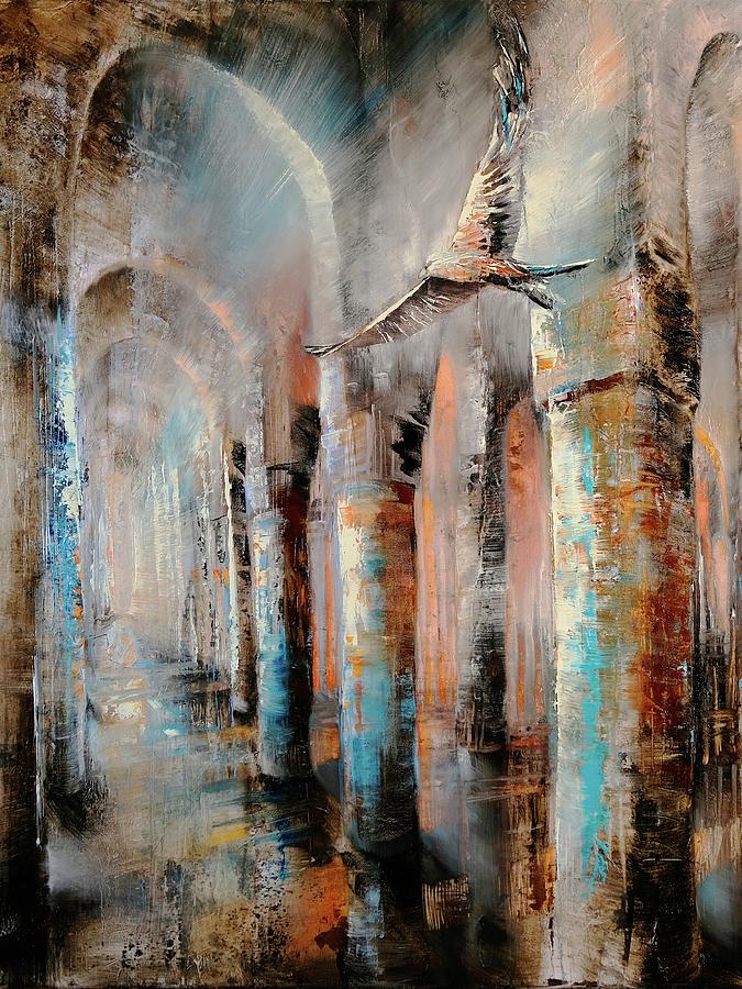 Light and shadow - a bird in the portico Painting by Annette Schmucker