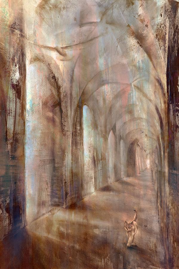 Light and shadow - cat and bird in the portico Painting by Annette Schmucker