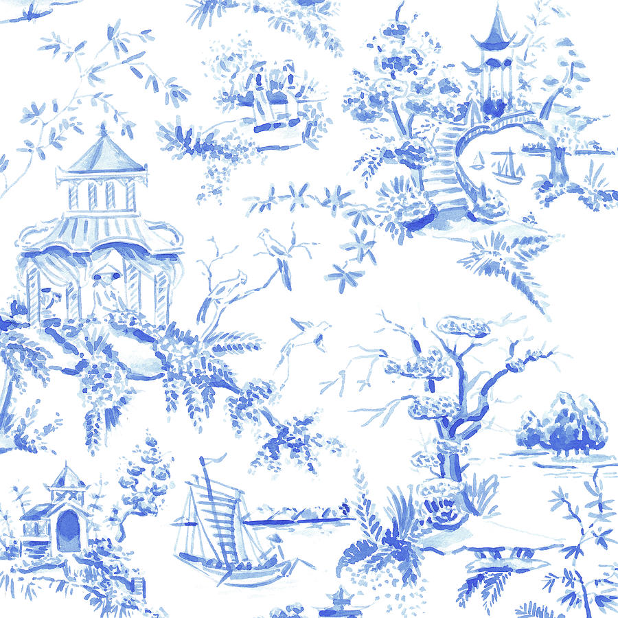 Bird Painting - Light Blue Pagoda Chinoiserie Pattern by Laura Row