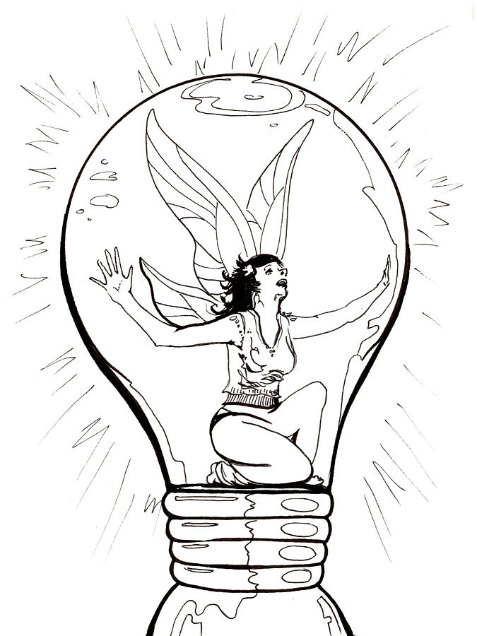 Light Bulb Fairy line drawing Drawing by Katherine Nutt - Fine Art