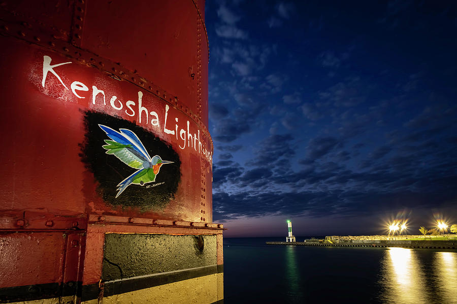 Light painted.art on the Kenosha lighthouse at blue hour Photograph by Sven Brogren