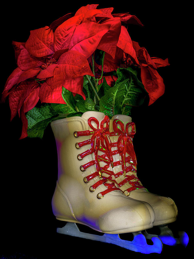 Light Painted Ice Skates and Poinsettia Photograph by Rob Green