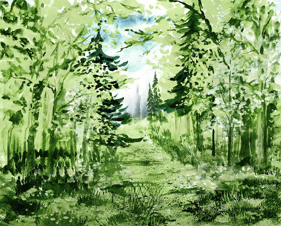 Light Path Between The Forest Trees Watercolor Landscape  Painting by Irina Sztukowski