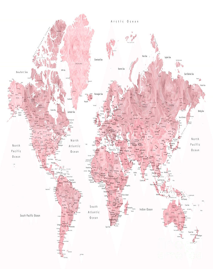 Light pink and muted pink world map with cities Poster Digital Art by ...