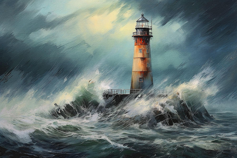 Nature Painting - Light station on a stormy night by David Mohn
