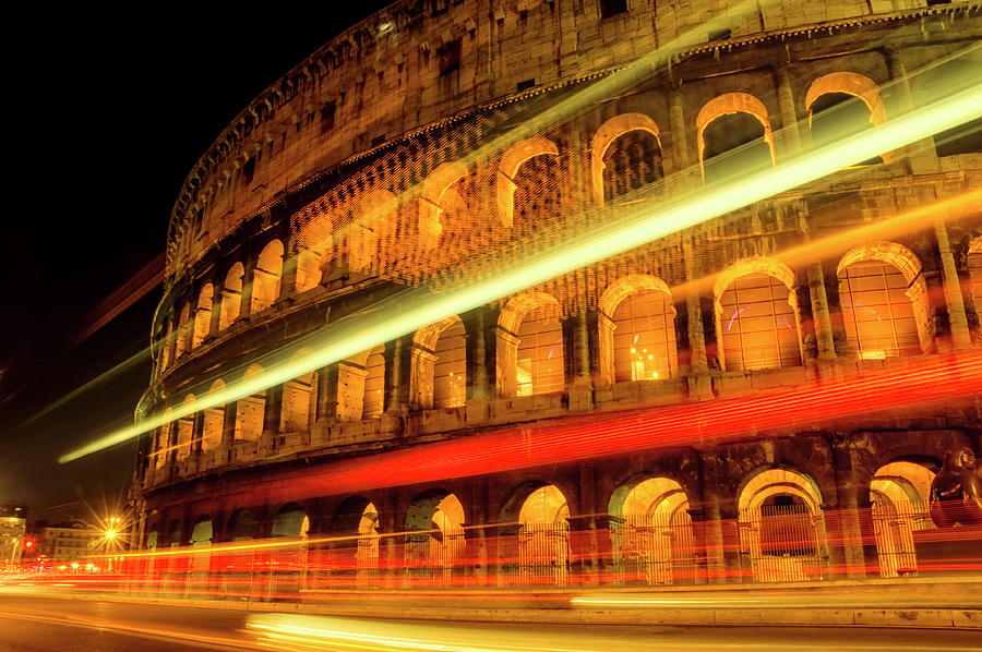 Light Streaks By The Colosseum Photograph by Joseph S Giacalone