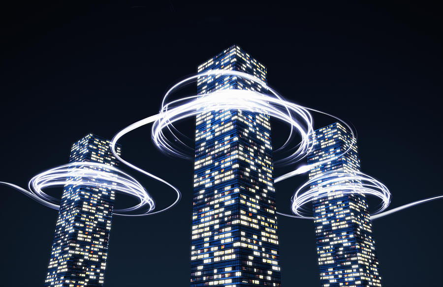 Light trails around high-rise buildings Drawing by Jorg Greuel