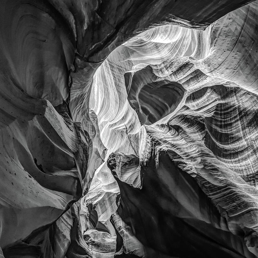 Light Within Antelope Canyon Abstract Walls - Black and White 1x1 Photograph by Gregory Ballos