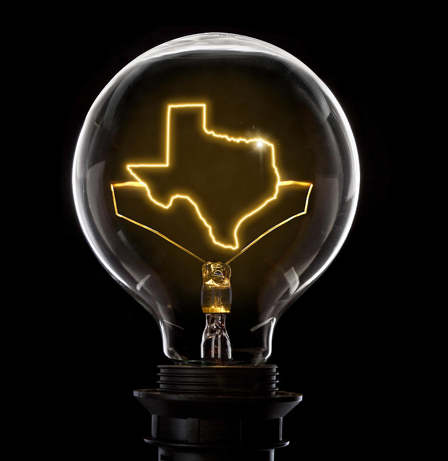 Lightbulb with a glowing wire in the shape of Texas (series) Photograph by Eyegelb