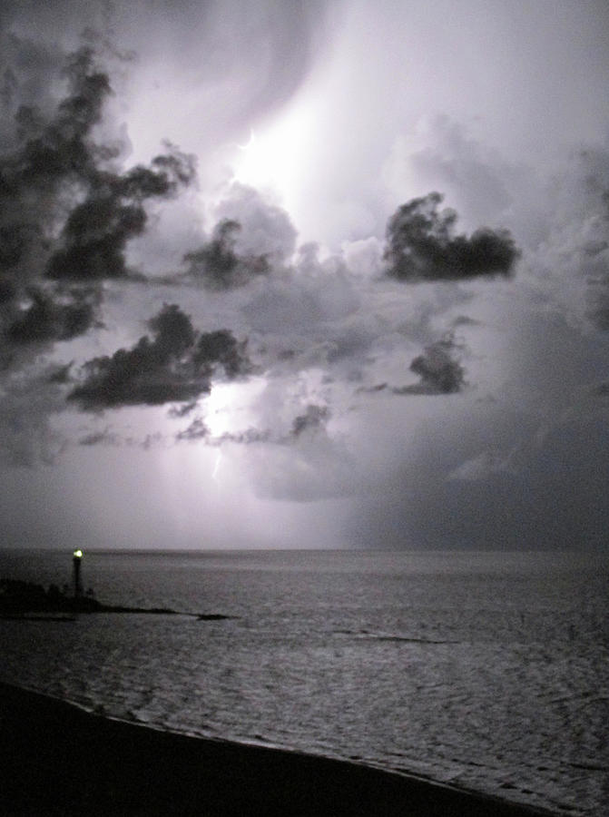 Lightening at the Hillsboro Inlet Lighthouse in Hillsboro Beach Florida Photograph by Corinne Carroll