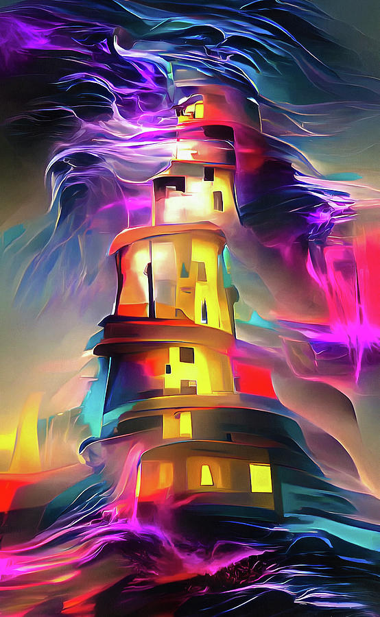 Lighthouse 01 Colorful Trippy Waves Digital Art by Matthias Hauser