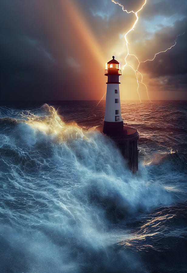 Lighthouse 07 Waves and Stormy Weather Digital Art by Matthias Hauser