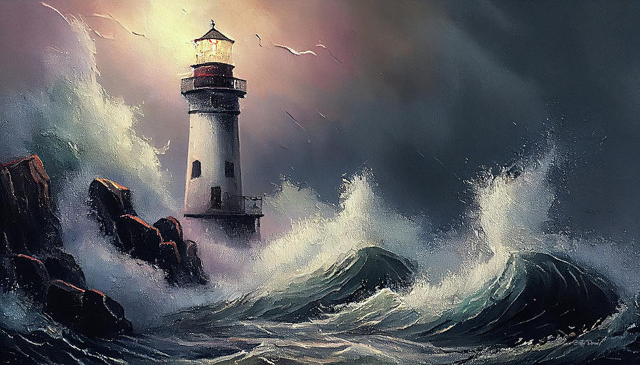 Lighthouse Digital Art - Lighthouse at Night with Crashing Waves by Betty Denise