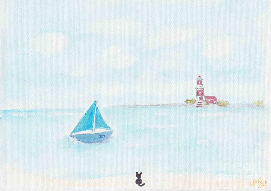 Lighthouse, a Sailboat and a Cat on the Beach Painting by Renate Janssen