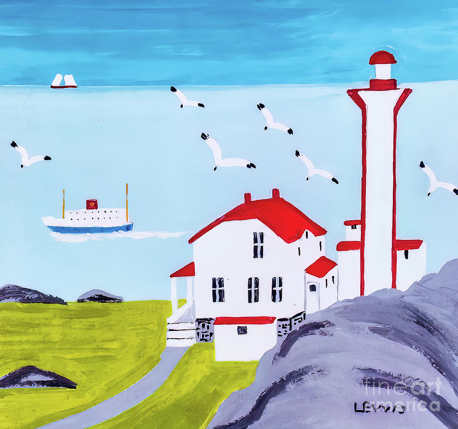 Lighthouse and Ferry at Cape Forchu, Yarmouth County by Maud Lew Painting by Maud Lewis