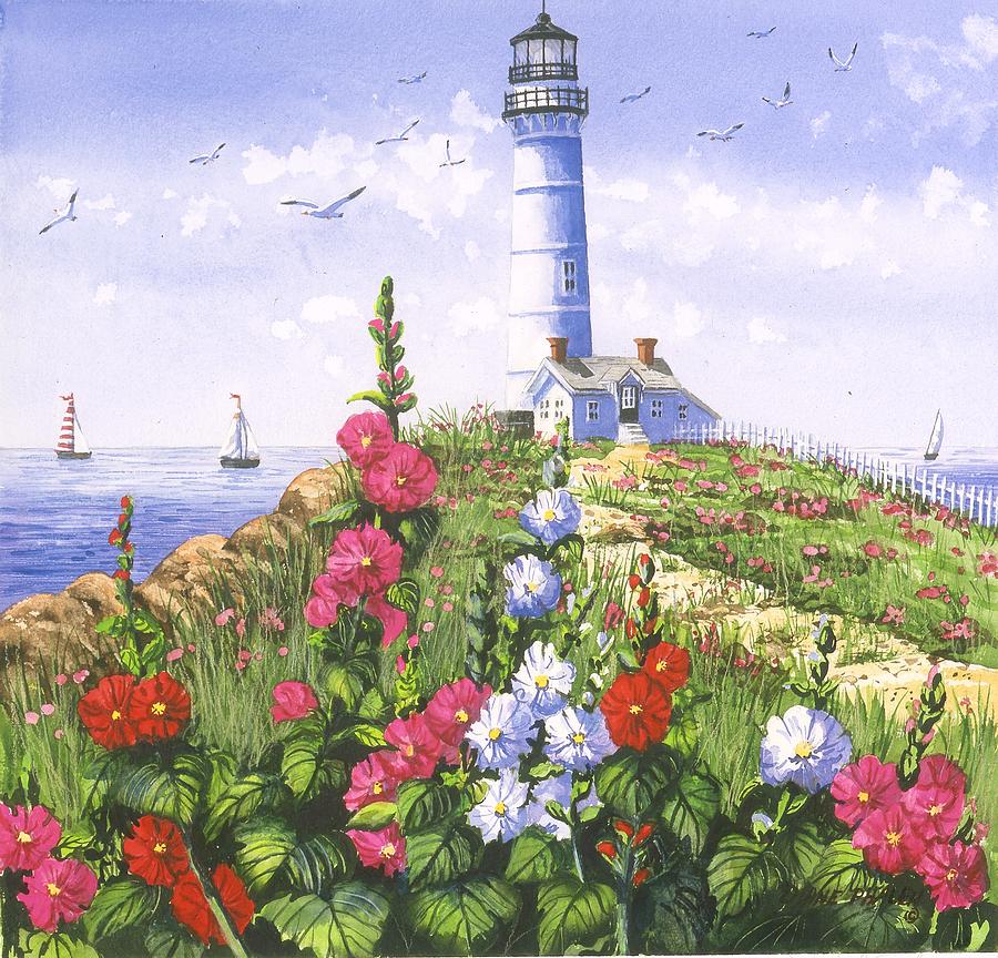 Lighthouse and Hollyhocks Painting by Diane Phalen