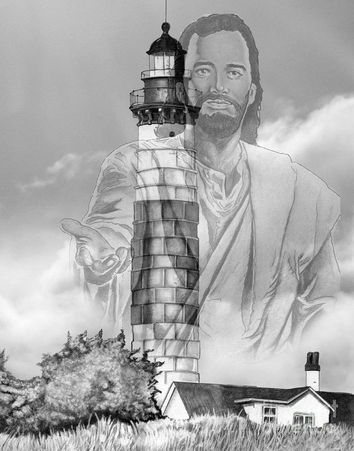 Lighthouse and Jesus 2 Drawing by Bill Richards