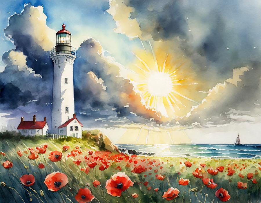 Lighthouse and Poppies II Mixed Media by Susan Rydberg