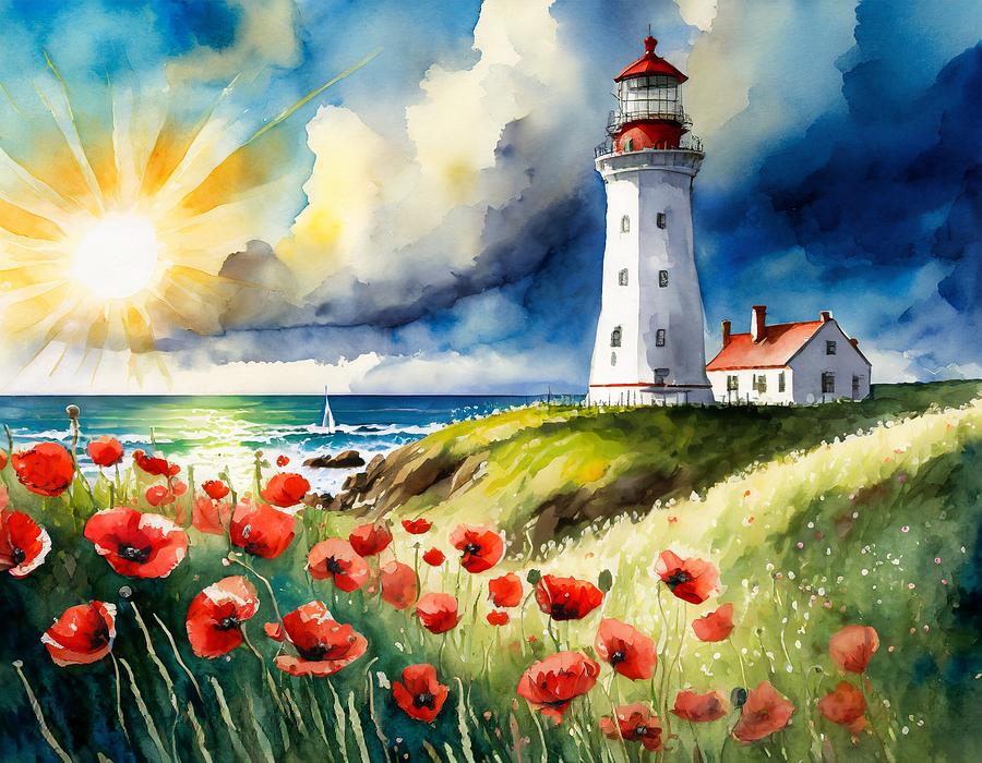Lighthouse and Poppies Watercolor Digital Art by Susan Rydberg