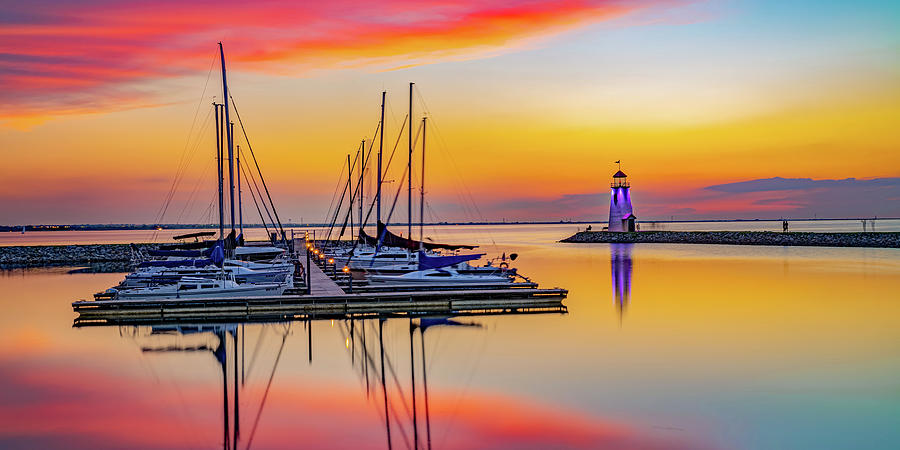 Lighthouse and Sailboats Panorama at The Lake Hefner East Wharf Photograph by Gregory Ballos