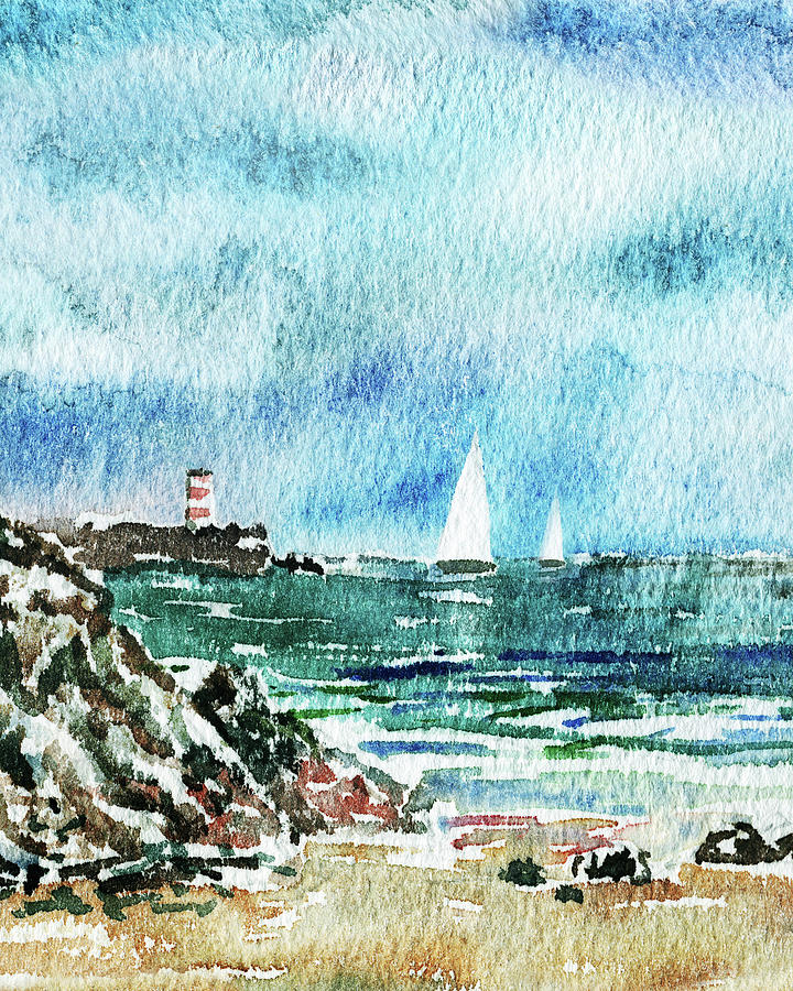 Lighthouse And Two Sailboats At The Rocky Shore Beach Art Watercolor   Painting by Irina Sztukowski