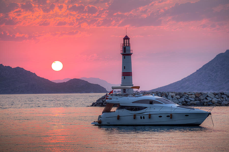 Lighthouse And Yacht Sunset       1 Photograph by David Pyatt