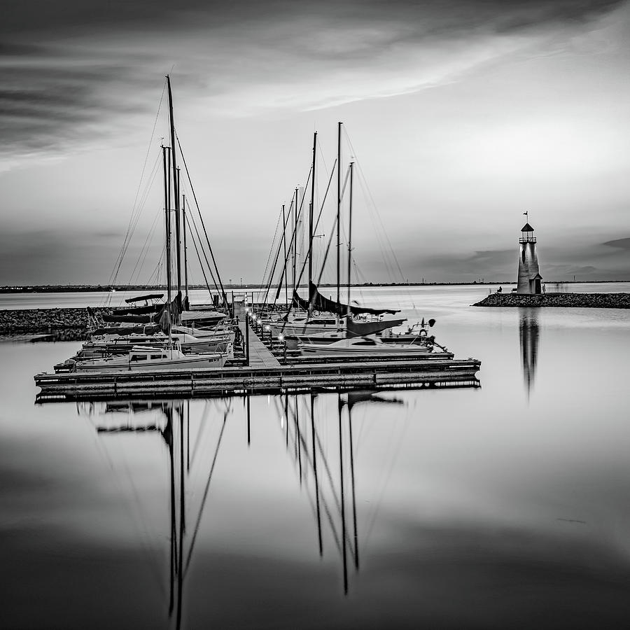 Lighthouse at East Wharf and Sailboats 1x1 - Oklahoma City Monochrome Photograph by Gregory Ballos