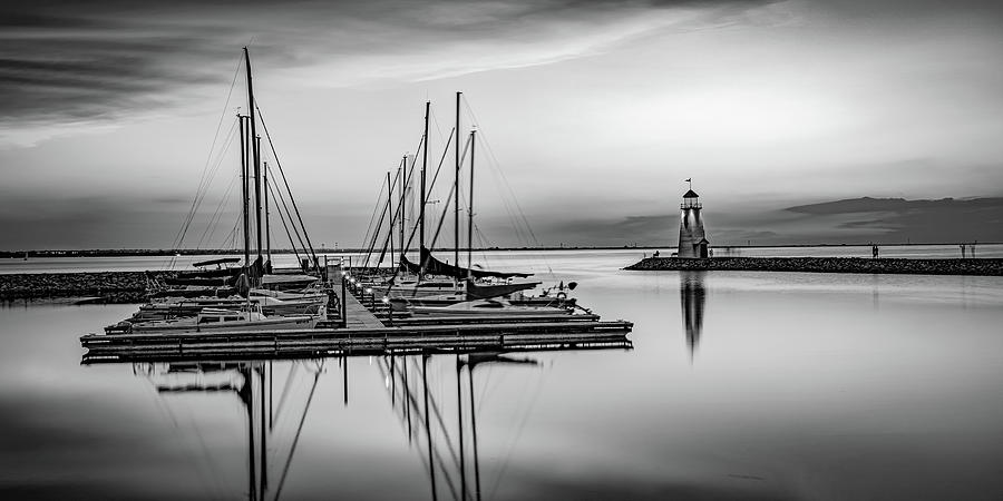 Lighthouse at East Wharf and Sailboats Panorama - Oklahoma City Monochrome Photograph by Gregory Ballos