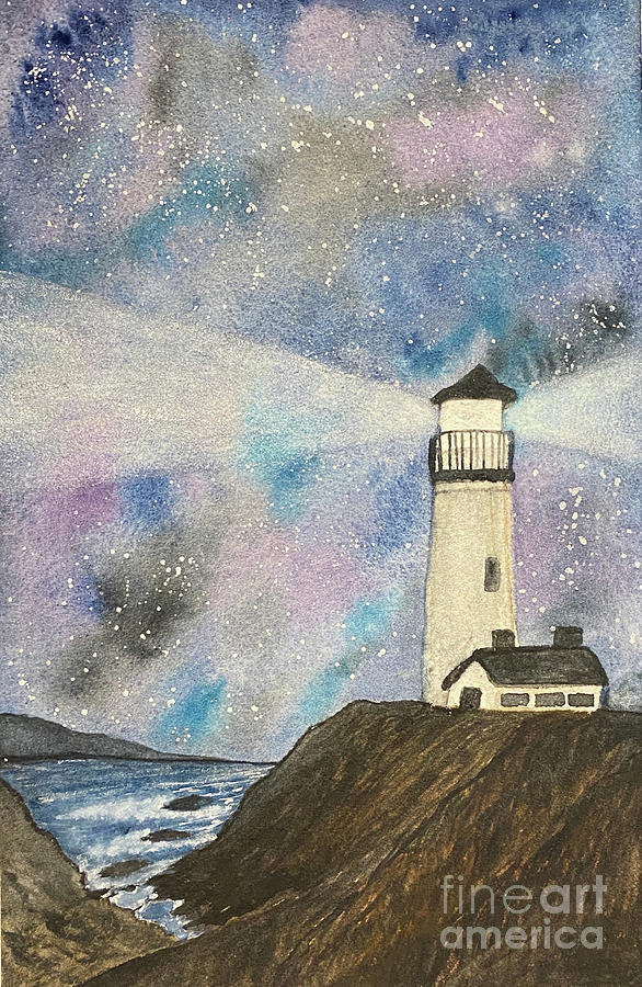 Lighthouse at Night Painting by Lisa Neuman