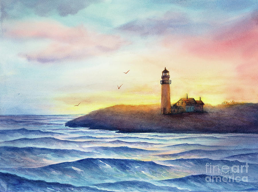 Nature Painting - Lighthouse at Sunset by Michelle Constantine