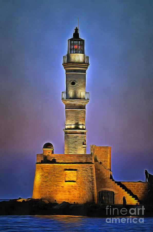Lighthouse at the Venetian port of Chania Painting by George Atsametakis