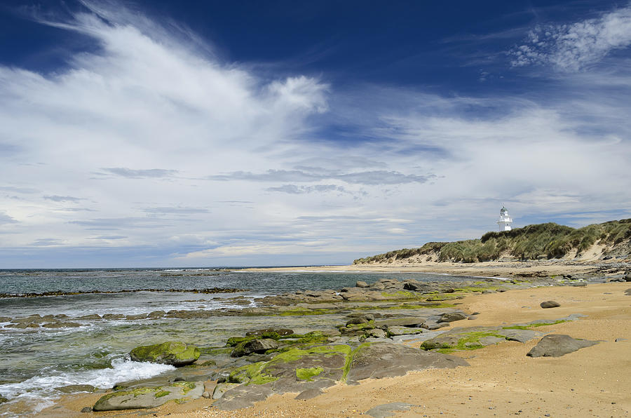 Lighthouse at Waipapa Point with clouds in the sky, sandy beach with algae covered rocks at the front, Otara, Fortrose, Southland Region, South Island, New Zealand Photograph by Gerhard Zwerger-Schoner