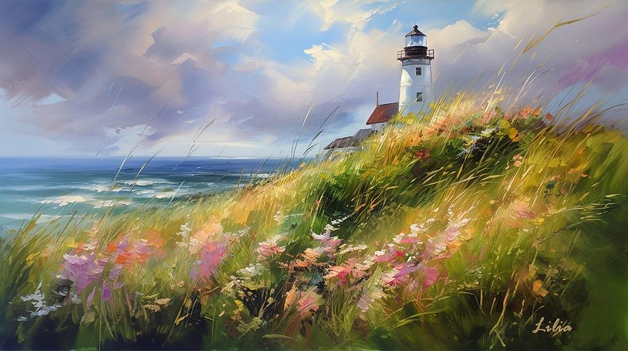 Lighthouse - coastal summer scene Painting by Lilia D