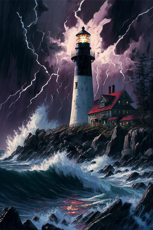 Lighthouse during a stormy night. Painting by Kai Saarto