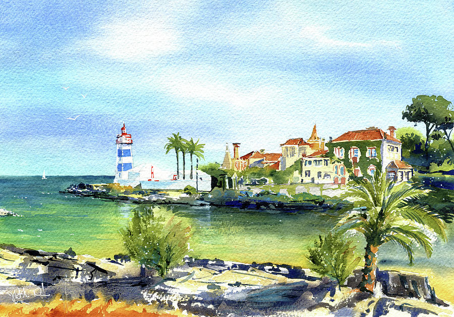 Lighthouse In Cascais Portugal Painting Painting by Dora Hathazi Mendes