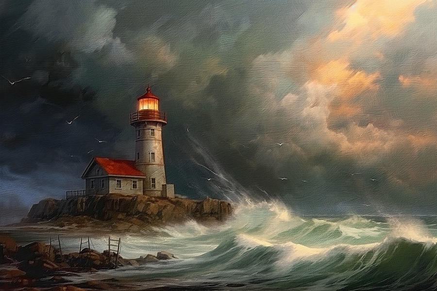 Nature Painting - Lighthouse in stormy seas by David Mohn