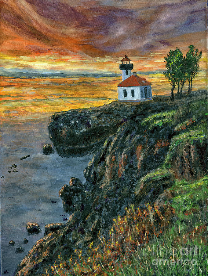 Lighthouse In Sunset  Painting Painting by Timothy Hacker
