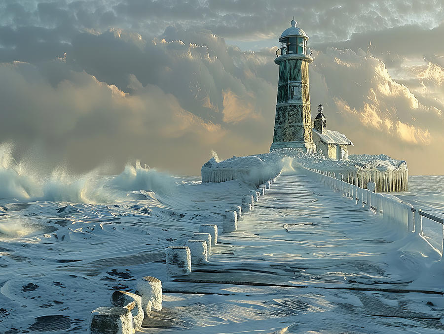 Lighthouse in winter storm Digital Art by Karen Foley
