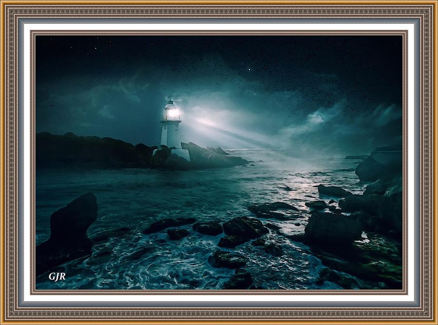 Lighthouse Night Scene At Sentrybay On The Path To Beaconhurst L A S - With Printed Frame. Digital Art by Gert J Rheeders