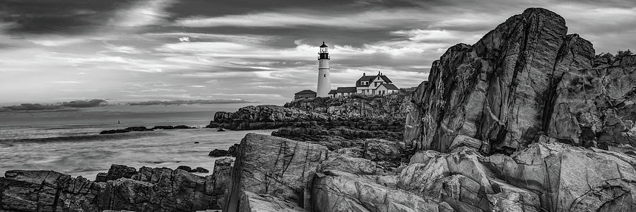 Lighthouse On Cape Elizabeth - Portland Maine Monochrome Panorama Photograph