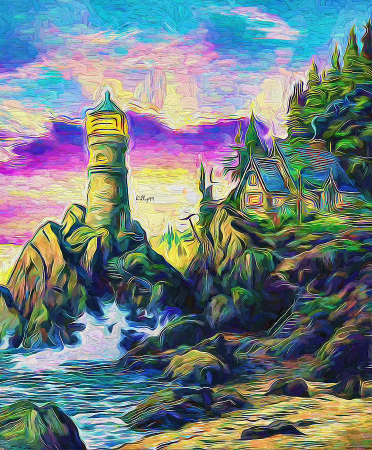 Lighthouse on cliff Painting by Nenad Vasic
