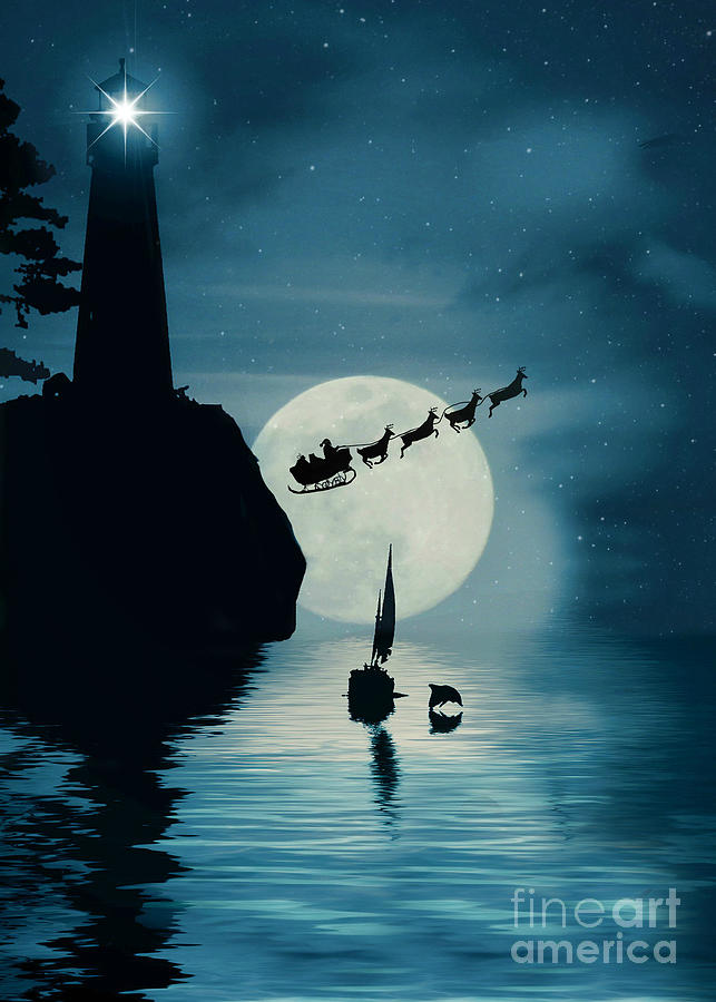 Lighthouse Sailboat and Dolphin with Santa Holiday Photograph by Stephanie Laird