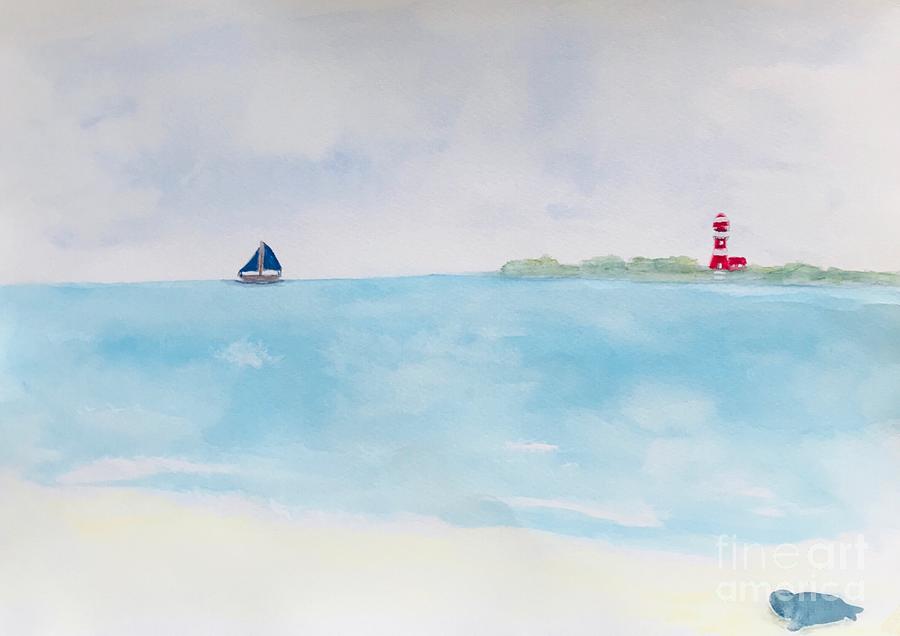Lighthouse Painting - Seascape with lighthouse, sailboat and seal by Renate Janssen