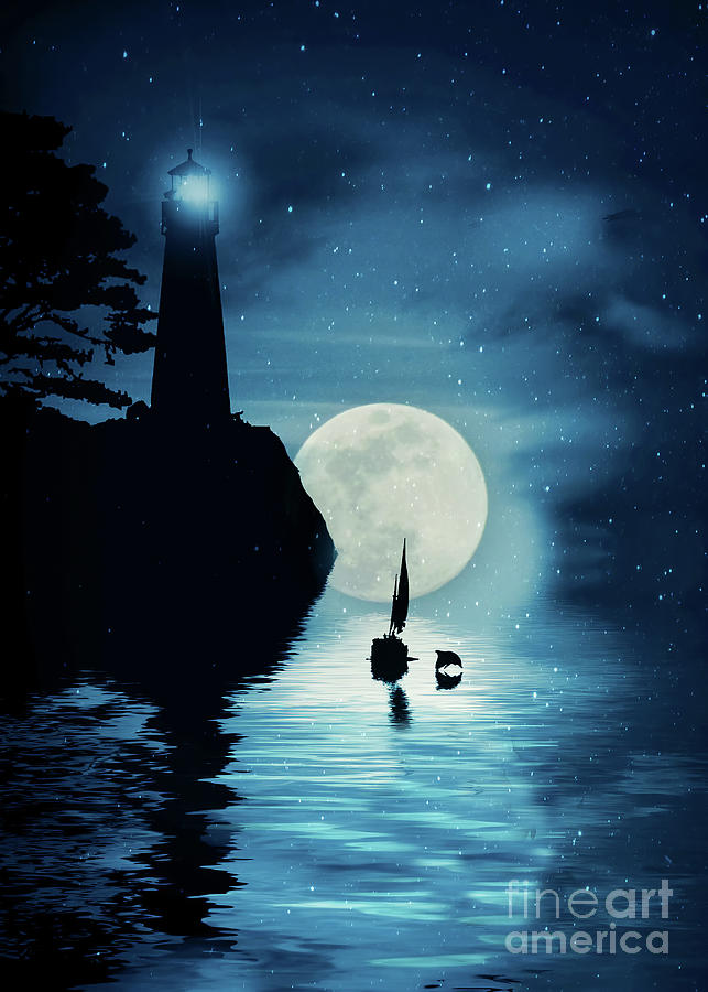 Lighthouse Sailboat Dolphin and Moon Whimsical Coastal  Photograph by Stephanie Laird