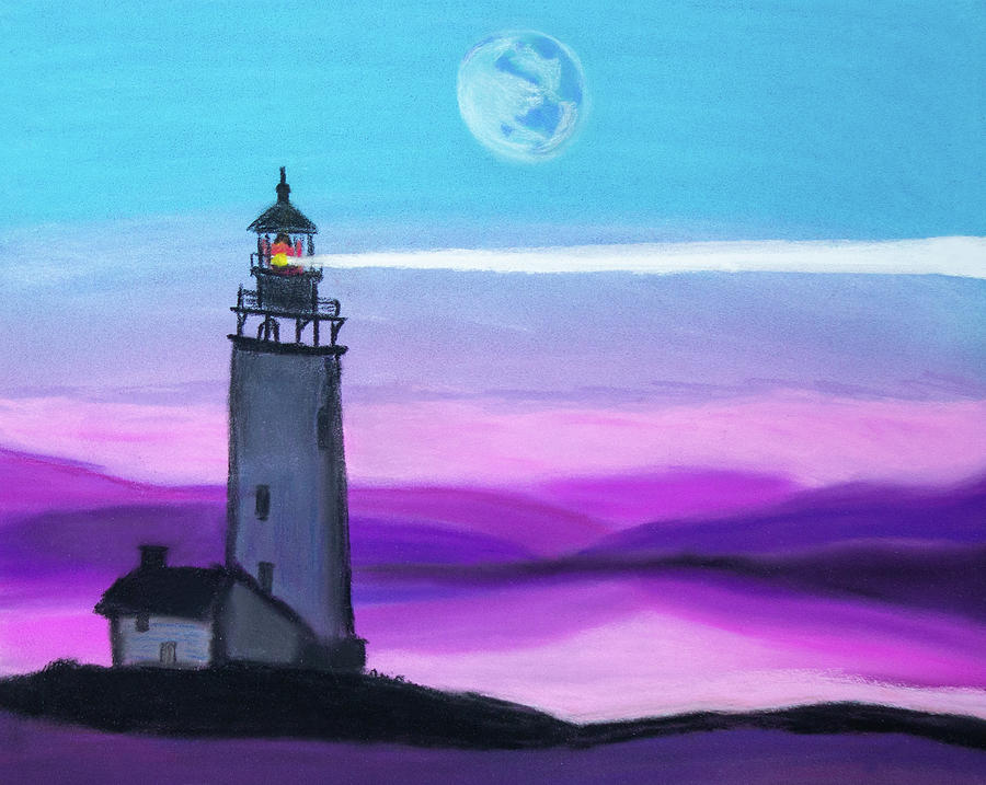Lighthouse Shining a Light Below a Moon Pastel by Ali Baucom