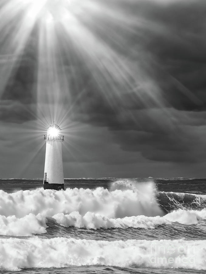 Lighthouse Stormy Rays Of Light Grayscale Photograph by Jennifer White