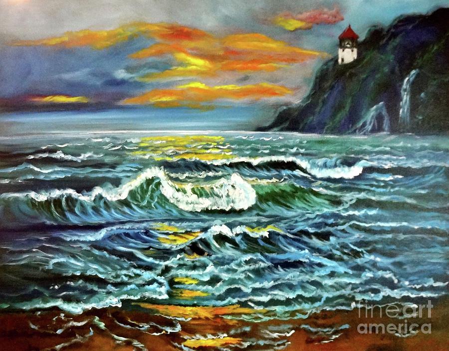 Lighthouse Sunset Painting by Jenny Lee