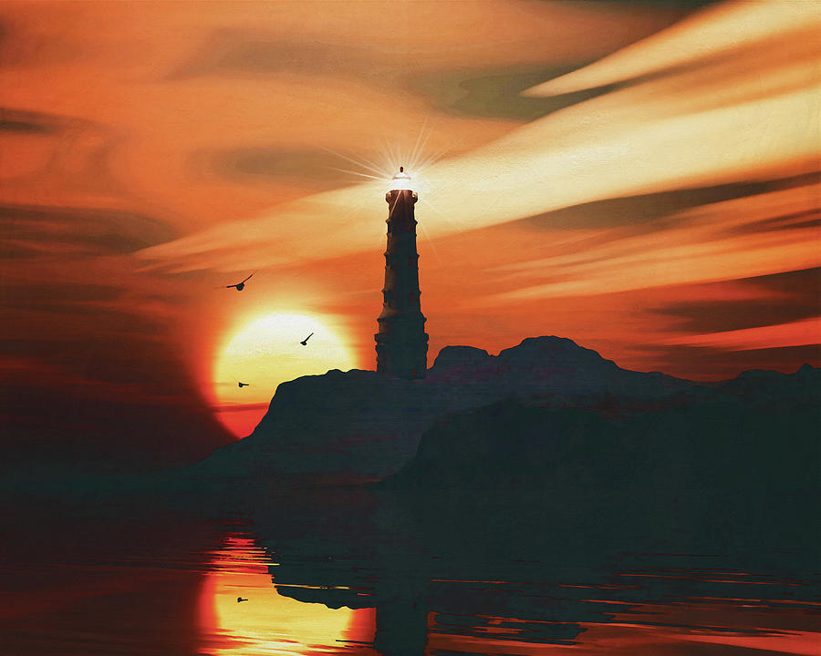 Lighthouse with a sunset Painting by Jan Keteleer