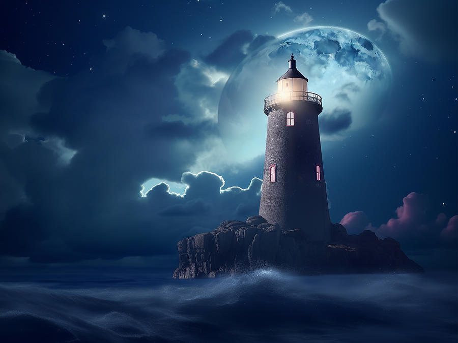 Lighthouses in moonlight Digital Art by Karen Foley